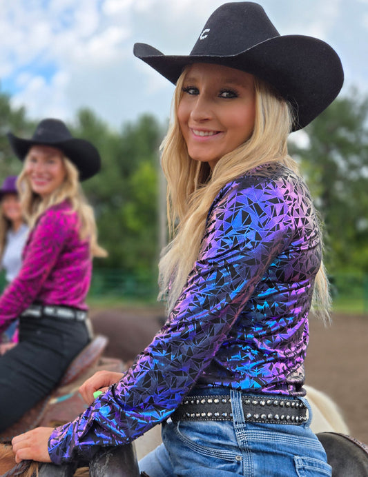 Purple & Teal Iridescent Metallic Pullover Button Up