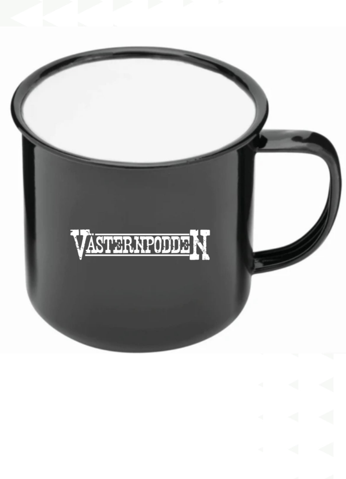 Svart emaljmugg med VästernPodden logotyp