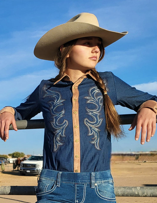 Pullover Button Up (Denim With Western Swirl Embroidery Mid-weight Stretch