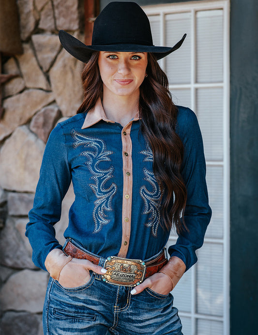 Pullover Button Up (Denim With Western Swirl Embroidery Mid-weight Stretch