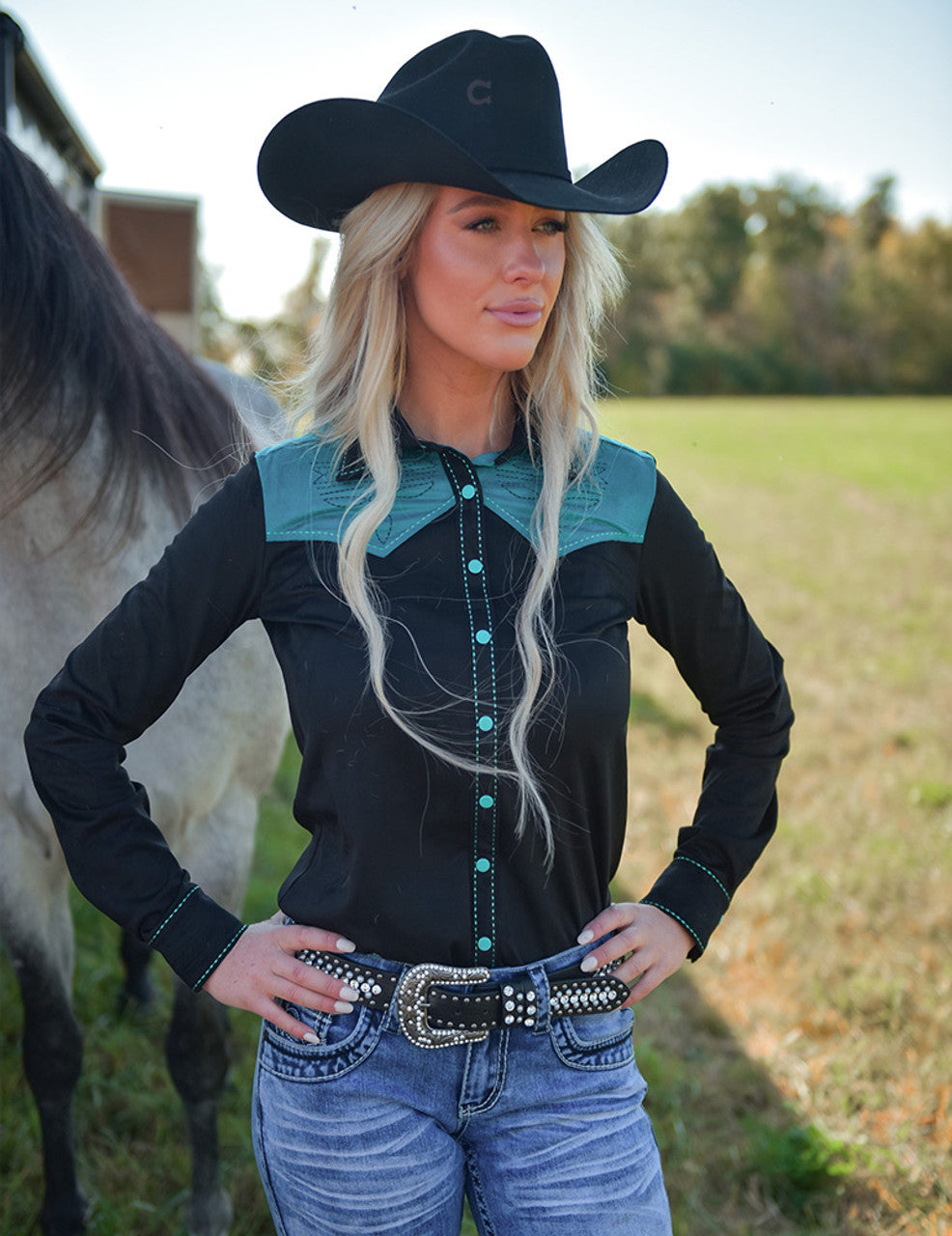 Pullover Button Up Black With Turquoise Accents