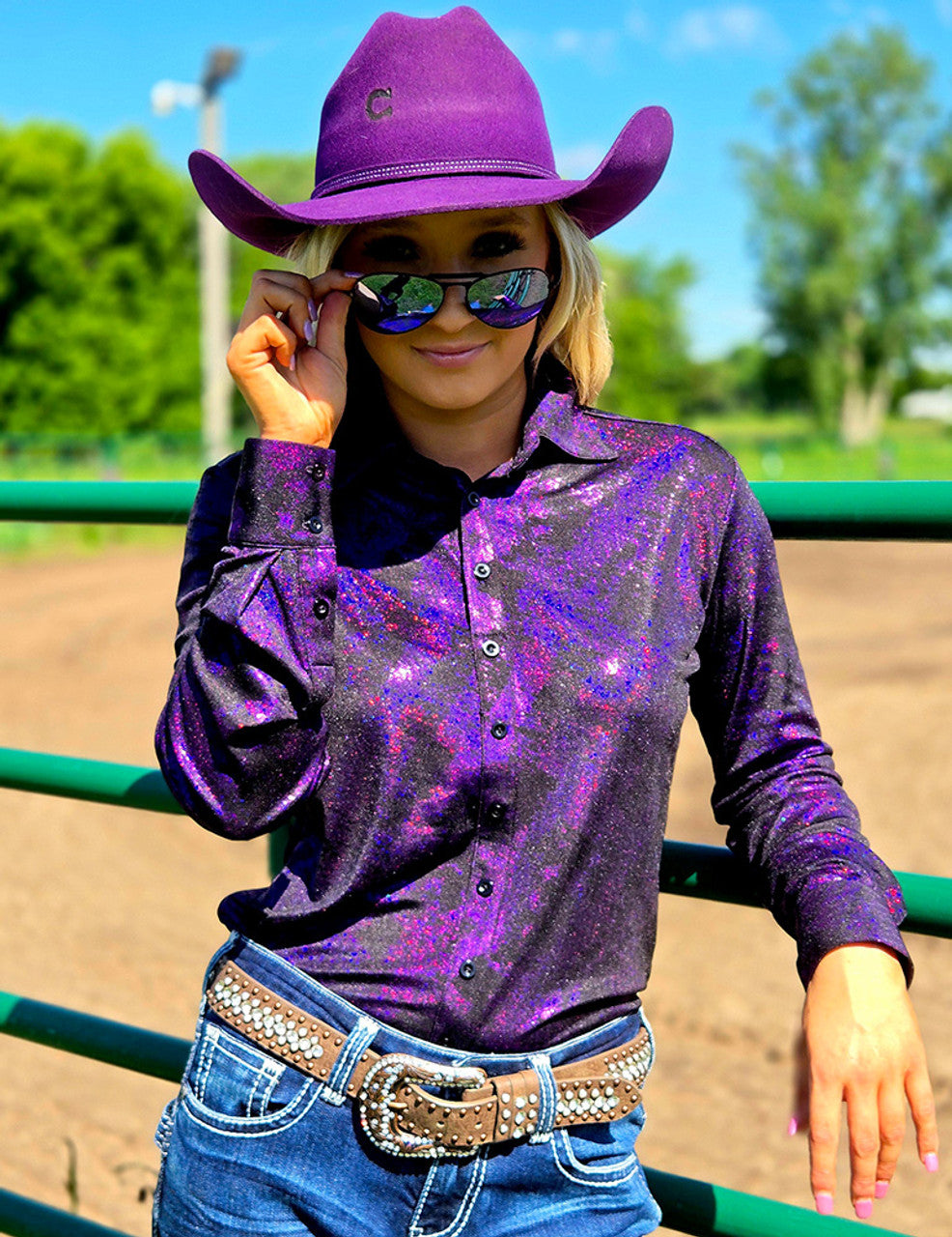 Pullover Button Up Dark Purple Iridescent Swishes Over Black
