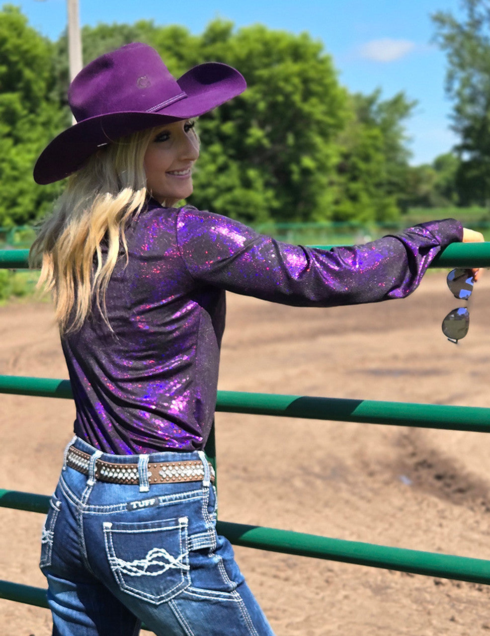 Pullover Button Up Dark Purple Iridescent Swishes Over Black