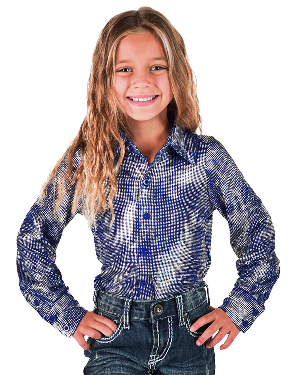 Girls Royal Blue & Silver Iridescent Pullover Button Up