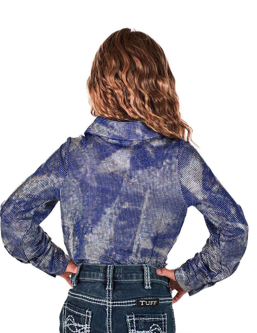 Girls Royal Blue & Silver Iridescent Pullover Button Up