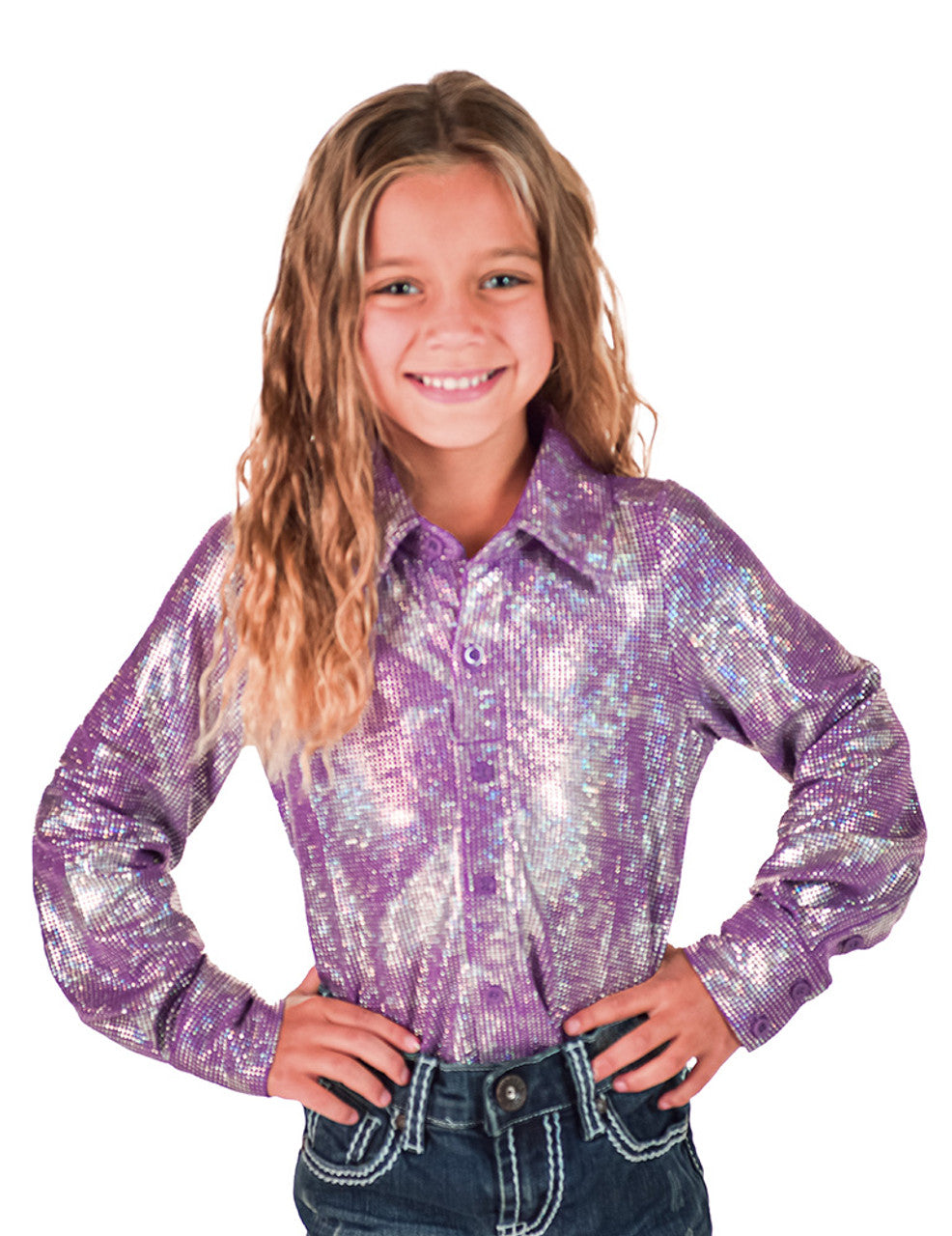 Girls Lavendar & Silver Iridescent Pullover Button Up