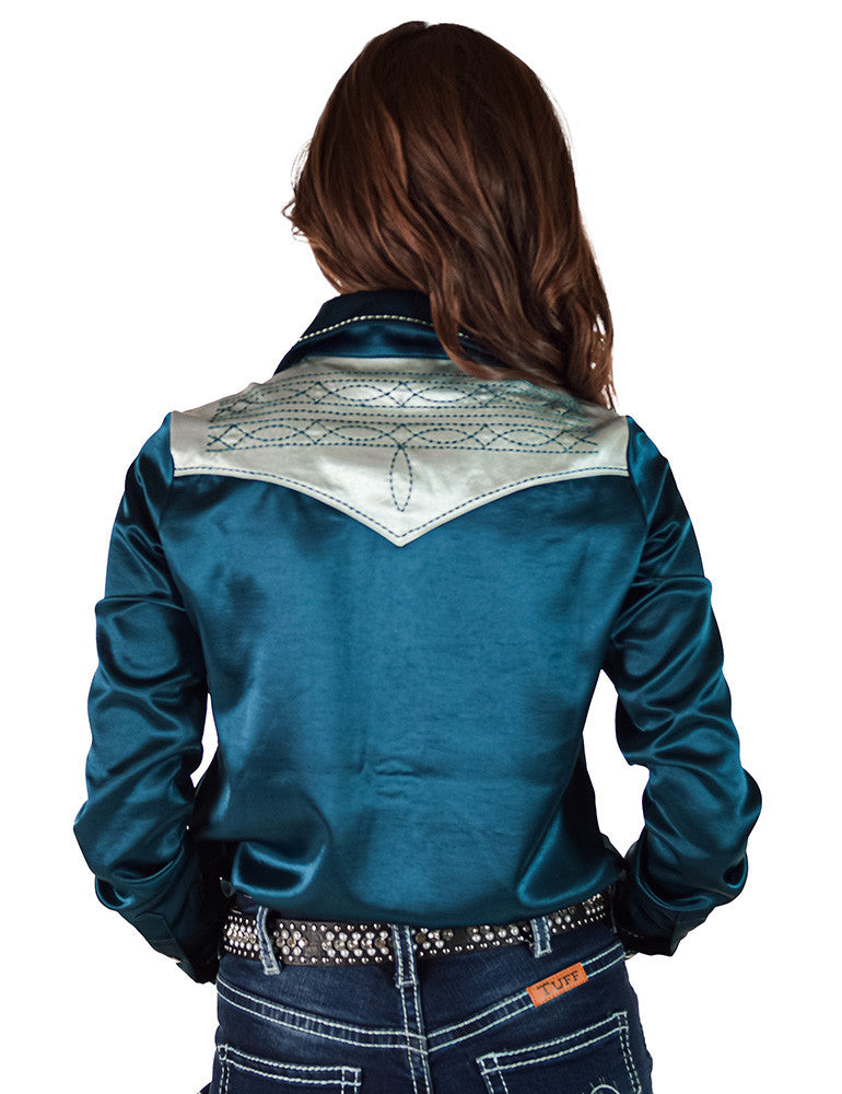Dark Teal & Mint Satin Pullover Button Up with BootStitch Embroidery & pearl snaps