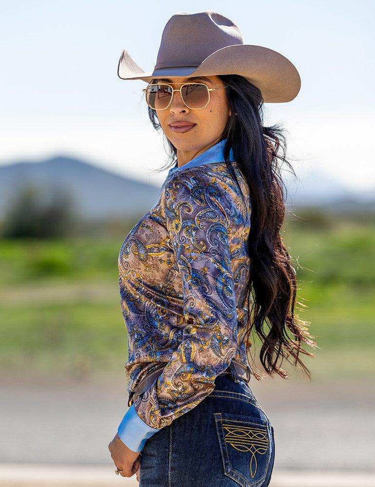 Tan & Sky Blue Paisley Satin Pullover Button Up in low stretch medium weight