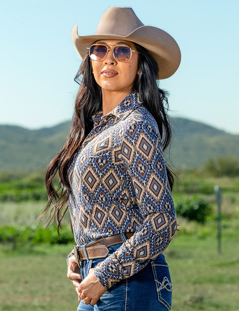 Aztec Blue Jersey Pullover Button Up in medium stretch & weight