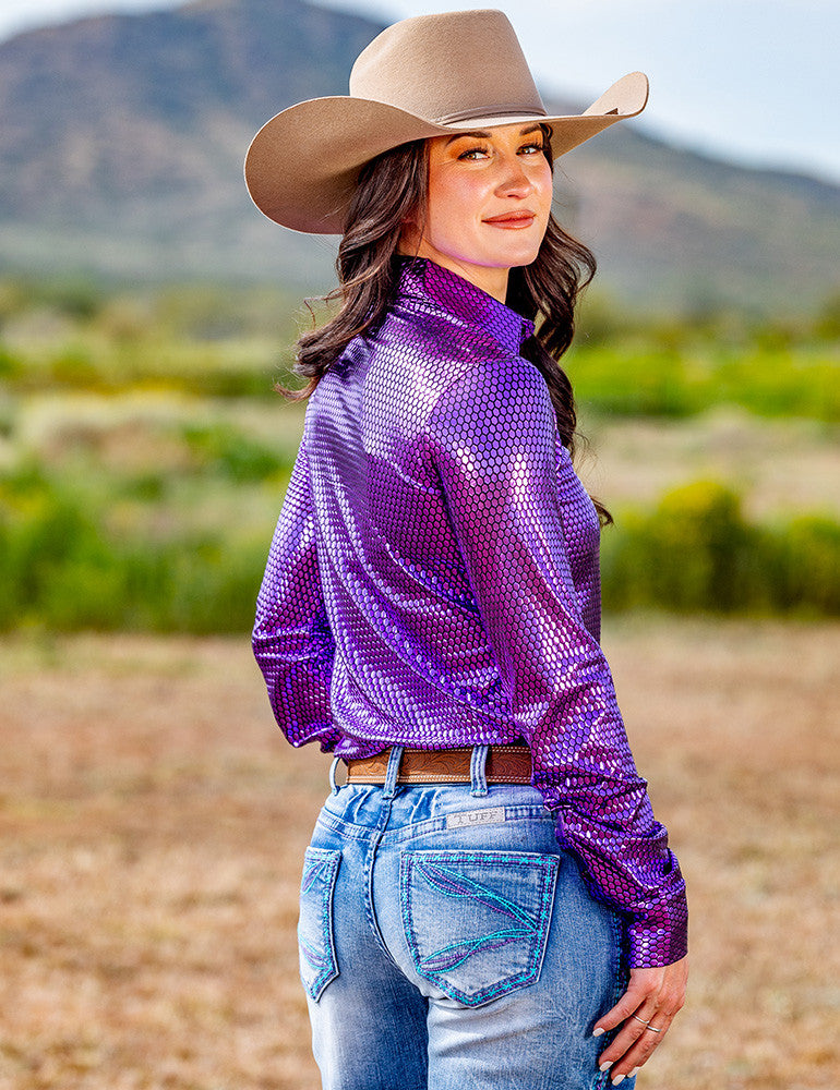 Bold Violet Foil Metallic Pullover Button Up