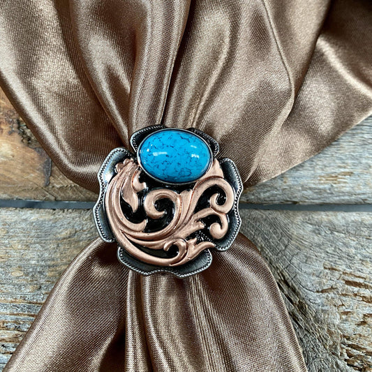 Wild Rag Slide Antique silver and copper swirls with turquoise Concho