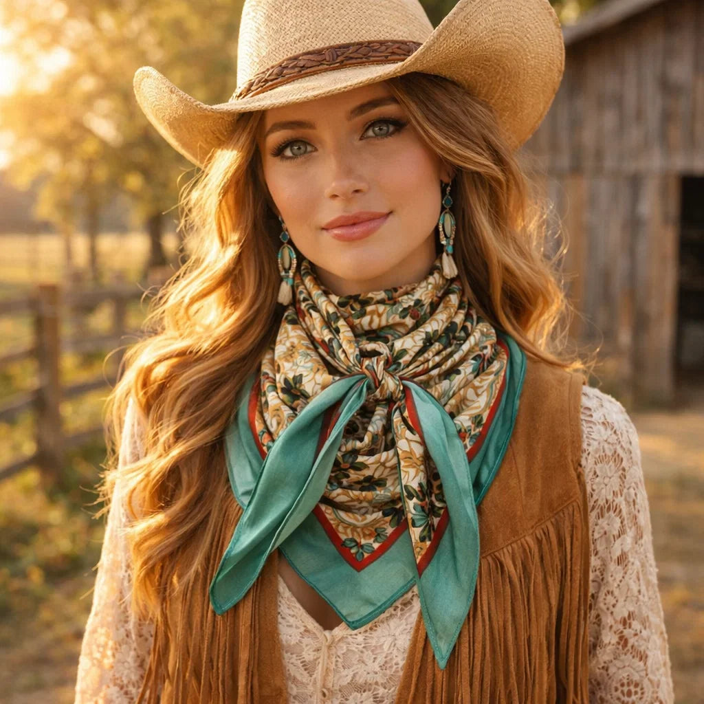 Emerald and Tan Floral Wild Rag - Western Scarf